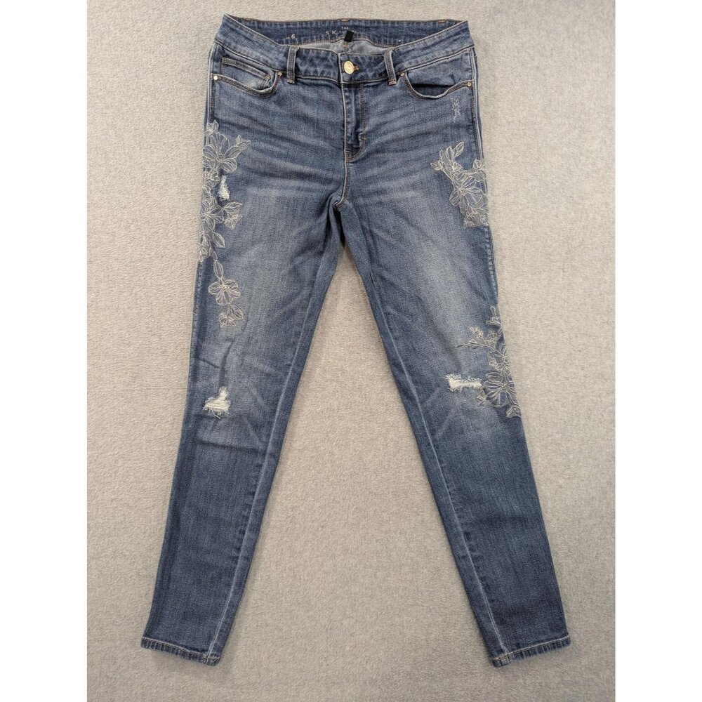 White House Black Market The Skinny Jeans Womens 6 Floral Distressed Mid Rise